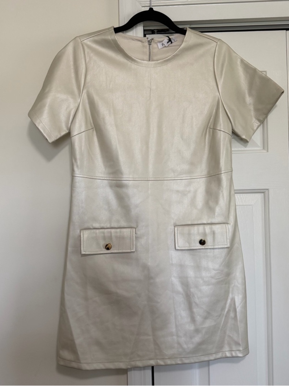 THML Faux Leather Cream Dress Short Sleeve Pockets Size XS, NWT